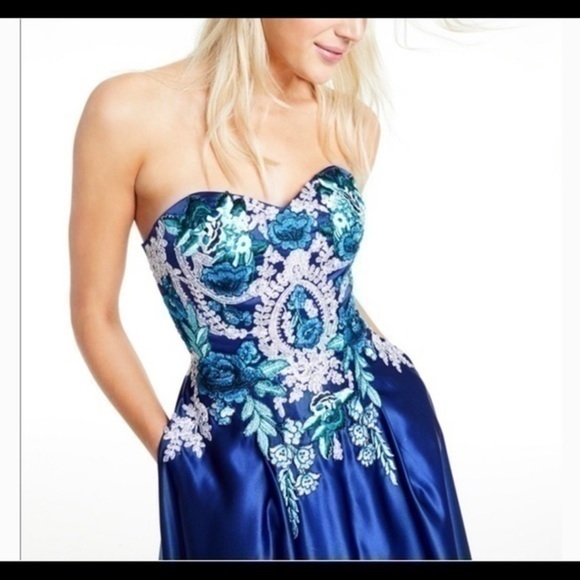 Blondie Blue Embroidered Strapless Ballgown Prom Dress - Picture 1 of 15